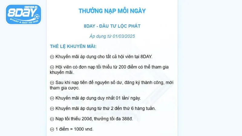 Điều kiện nhận ưu đãi thưởng nạp lại mỗi ngày đơn giản